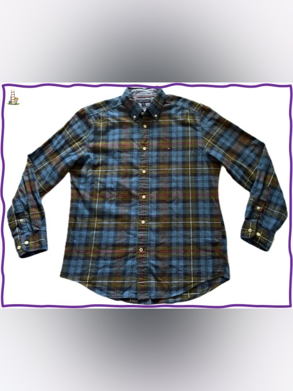 Tommy Hilfiger Men's Blue and Olive Plaid Button-Down Shirt